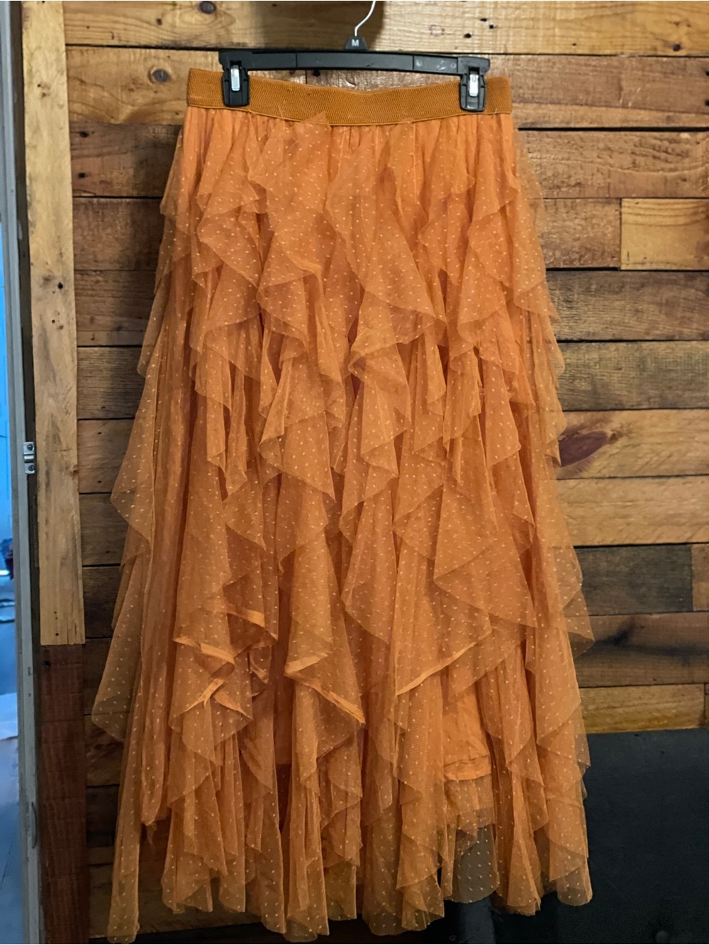 Anthropologie Polka Dot Ruffled Maxi Skirt in Pumpkin